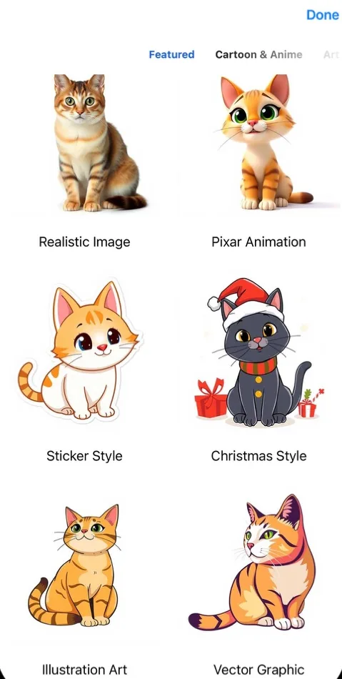 AI graphics and stickers gallery rendering the same cat as Realistic Image, Pixar Animation, Sticker Style, Christmas Style, Illustration Art and Vector Graphic
